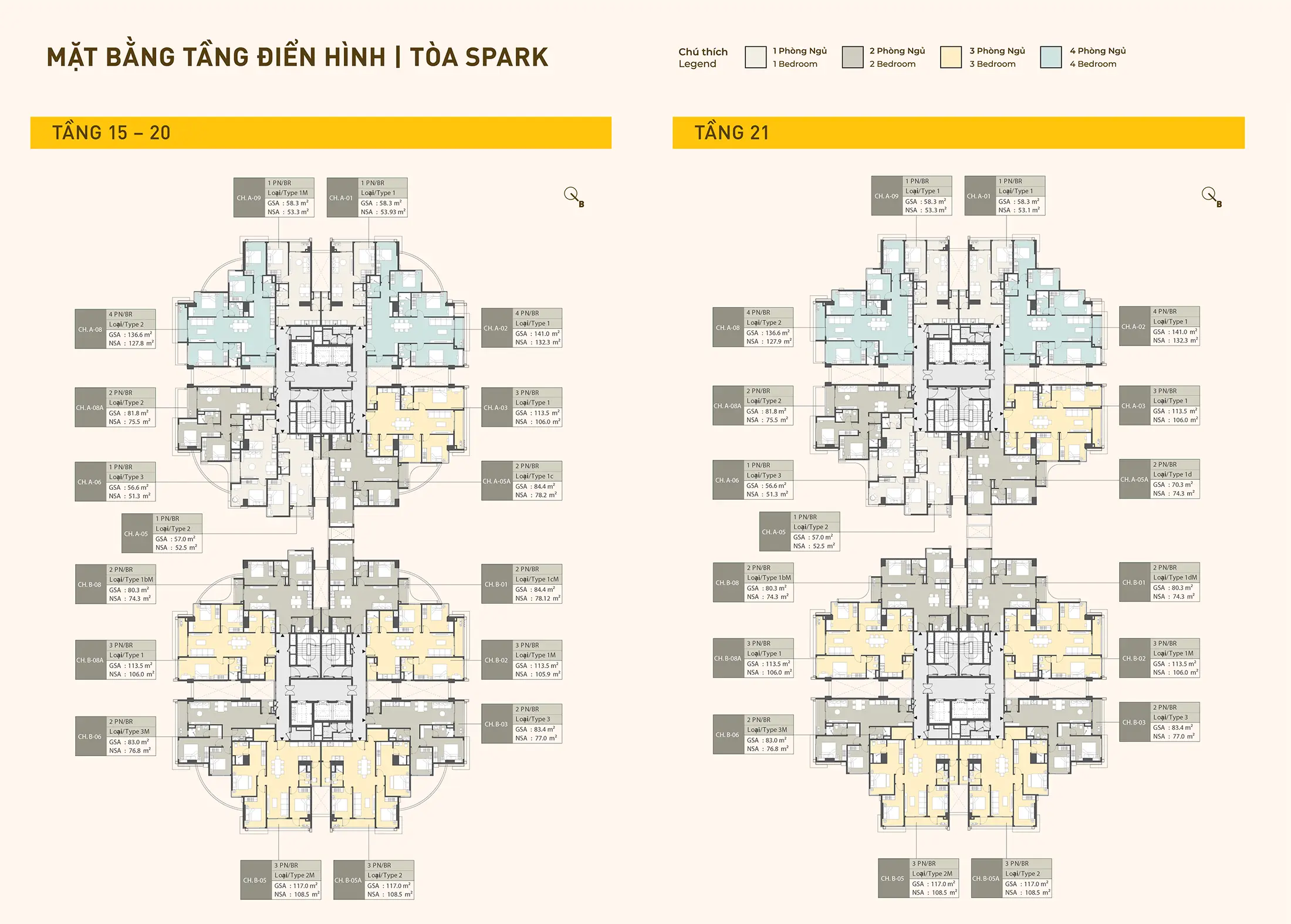 Mat bang tang dien hinh Tang 15 den Tang 20 va Tang 21 toa SPARK du an Masteri Grand View