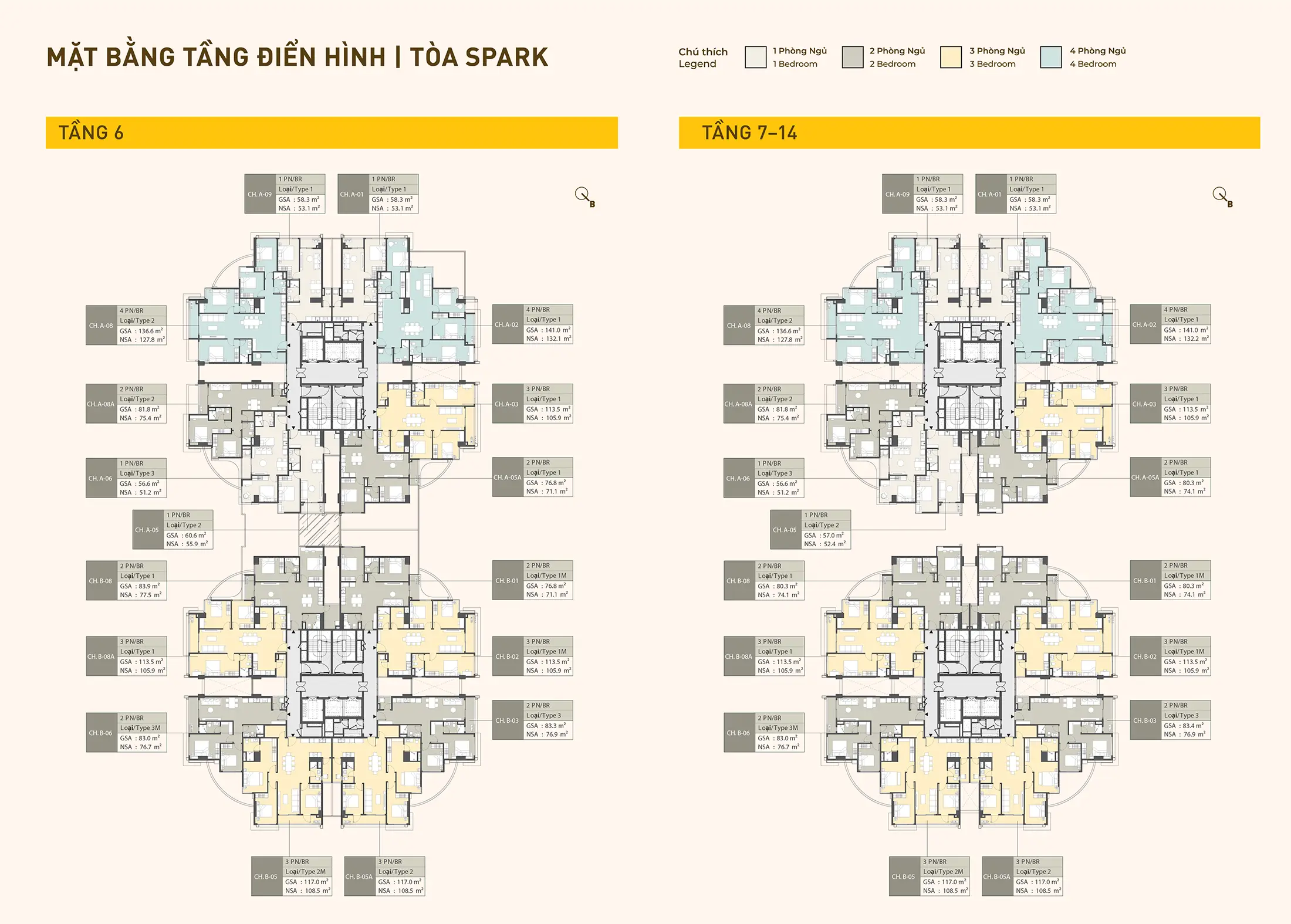 Mat bang tang dien hinh Tang 6 va Tang 7 den Tang 14 toa SPARK du an Masteri Grand View